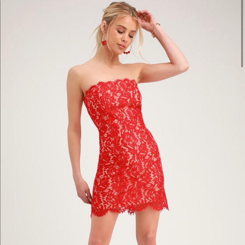 Lulus Maci Red Lace Strapless Mini Dress